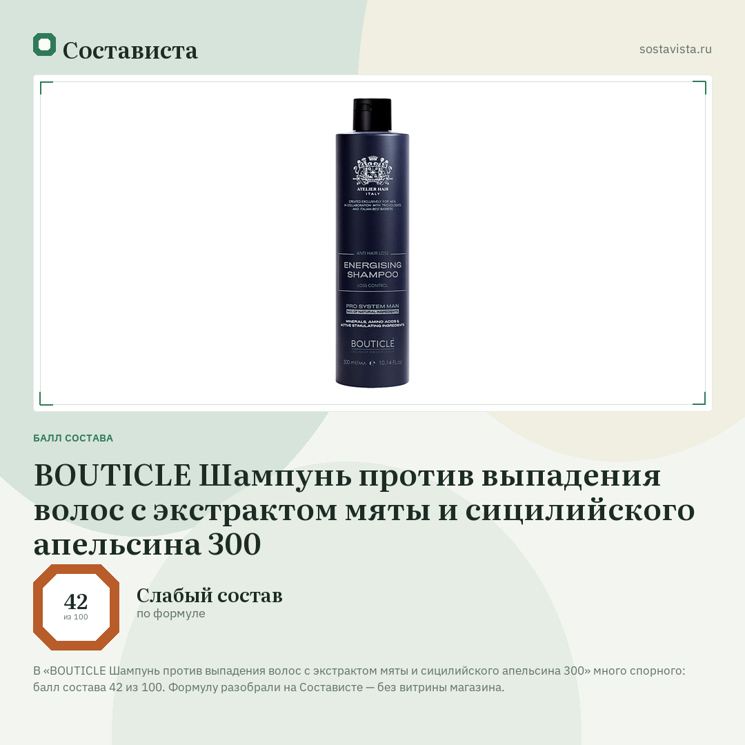 BOUTICLE Шампунь против выпадения волос с экстрактом мяты и сицилийского апельсина 300: балл состава 42 из 100 — Состависта