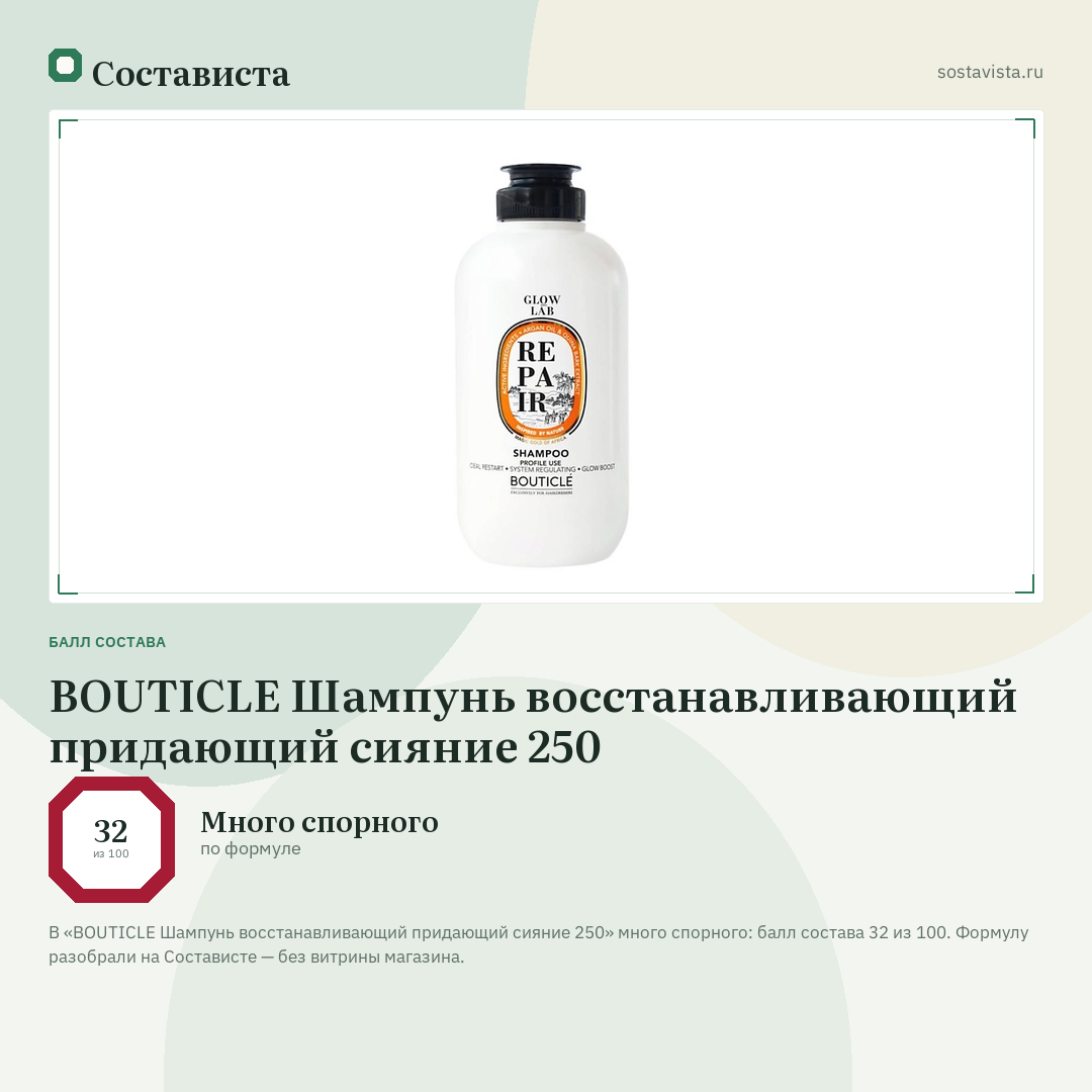 BOUTICLE Шампунь восстанавливающий придающий сияние 250: балл состава 32 из 100 — Состависта