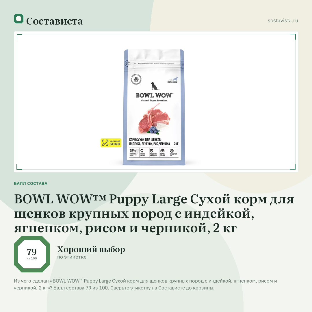 BOWL WOW™ Puppy Large Сухой корм для щенков крупных пород с индейкой, ягненком, рисом и черникой, 2 кг: балл состава 79 из 100 — Состависта