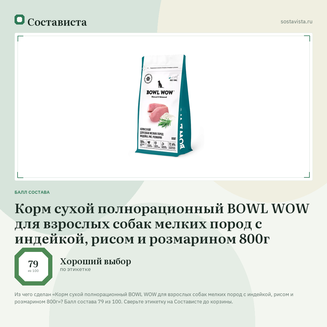 Корм сухой полнорационный BOWL WOW для взрослых собак мелких пород с индейкой, рисом и розмарином 800г: балл состава 79 из 100 — Состависта