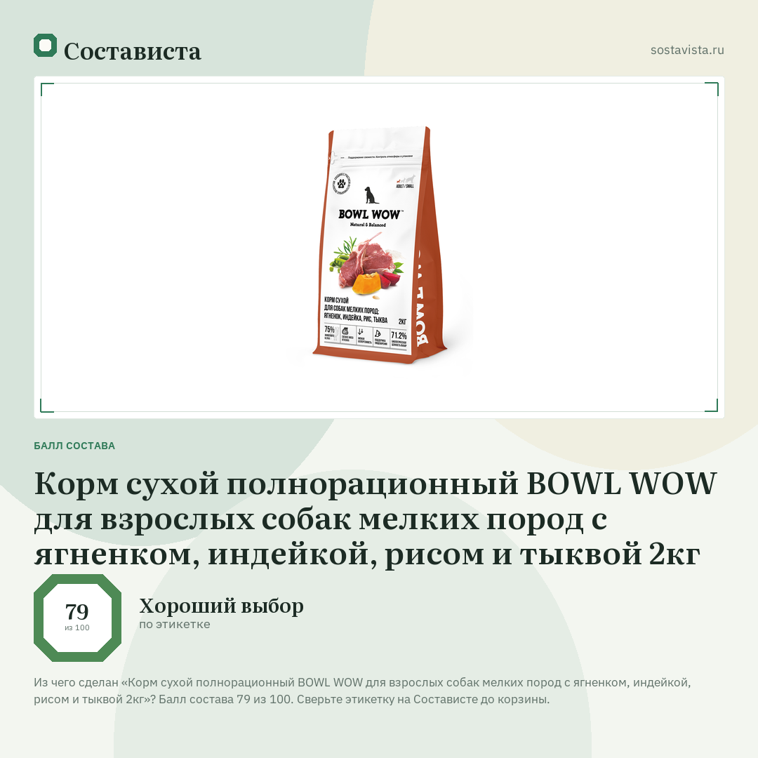 Корм сухой полнорационный BOWL WOW для взрослых собак мелких пород с ягненком, индейкой, рисом и тыквой 2кг: балл состава 79 из 100 — Состависта