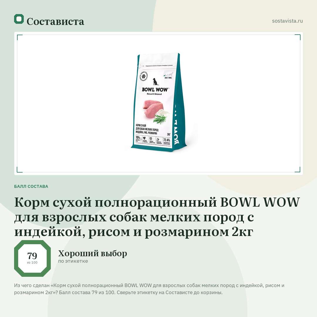 Корм сухой полнорационный BOWL WOW для взрослых собак мелких пород с индейкой, рисом и розмарином 2кг: балл состава 79 из 100 — Состависта