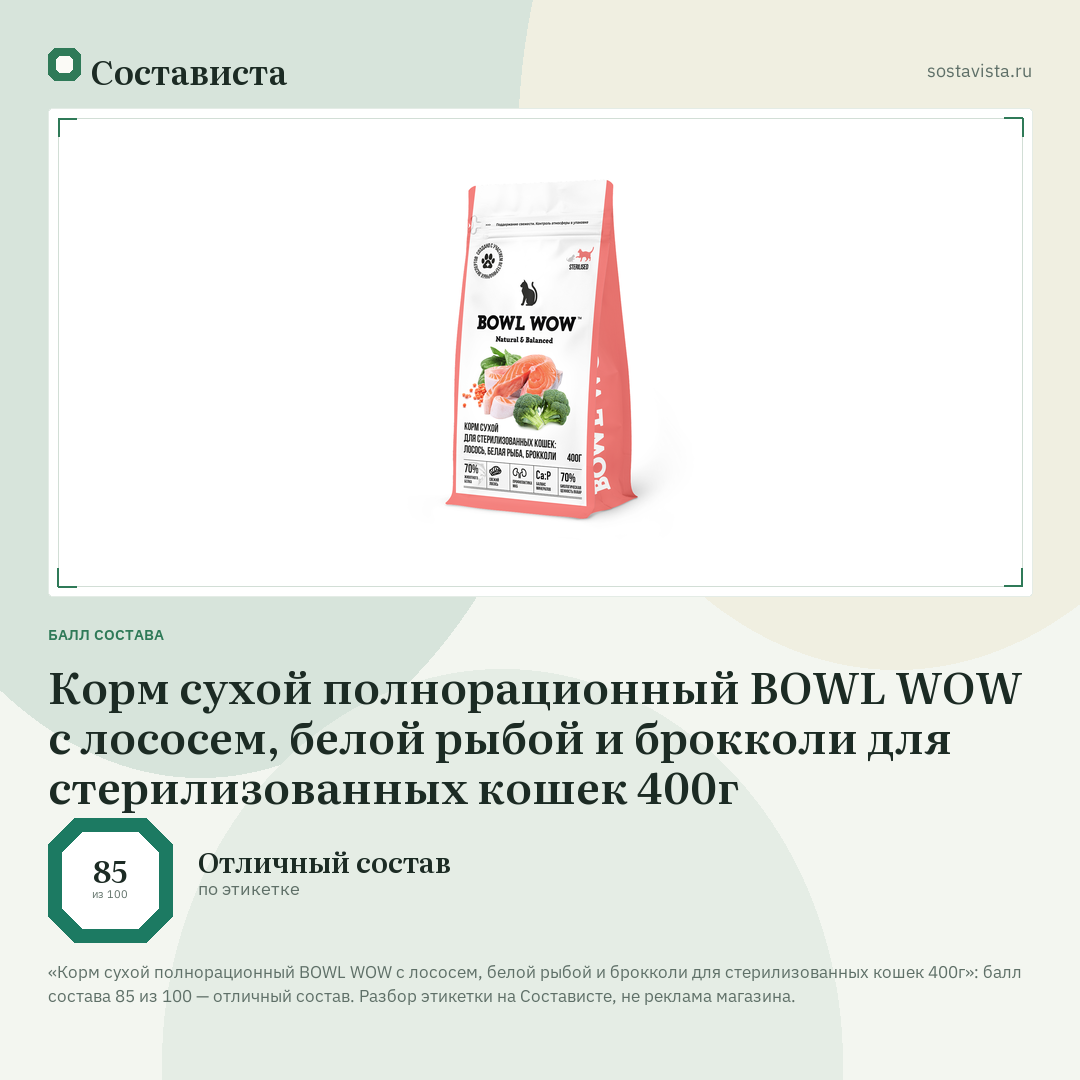 Корм сухой полнорационный BOWL WOW с лососем, белой рыбой и брокколи для стерилизованных кошек 400г: балл состава 85 из 100 — Состависта