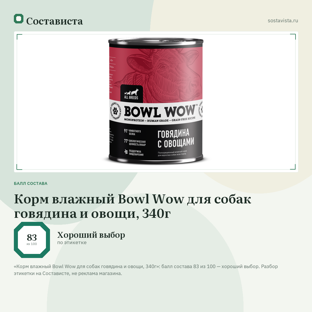 Корм влажный Bowl Wow для собак говядина и овощи, 340г: балл состава 83 из 100 — Состависта