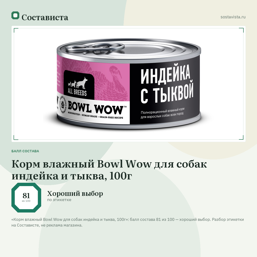 Корм влажный Bowl Wow для собак индейка и тыква, 100г: балл состава 81 из 100 — Состависта