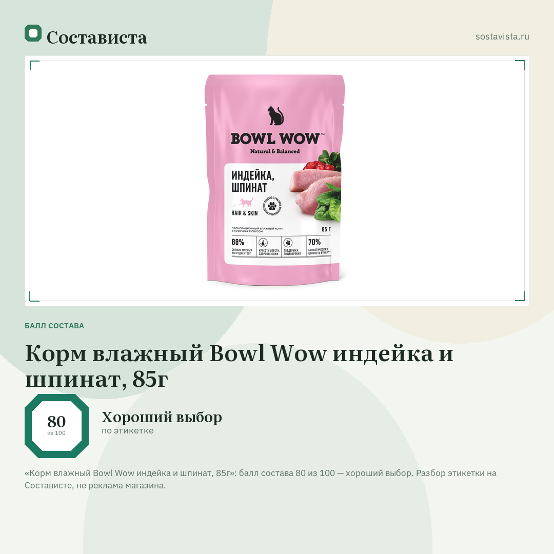 Корм влажный Bowl Wow индейка и шпинат, 85г: балл состава 80 из 100 — Состависта