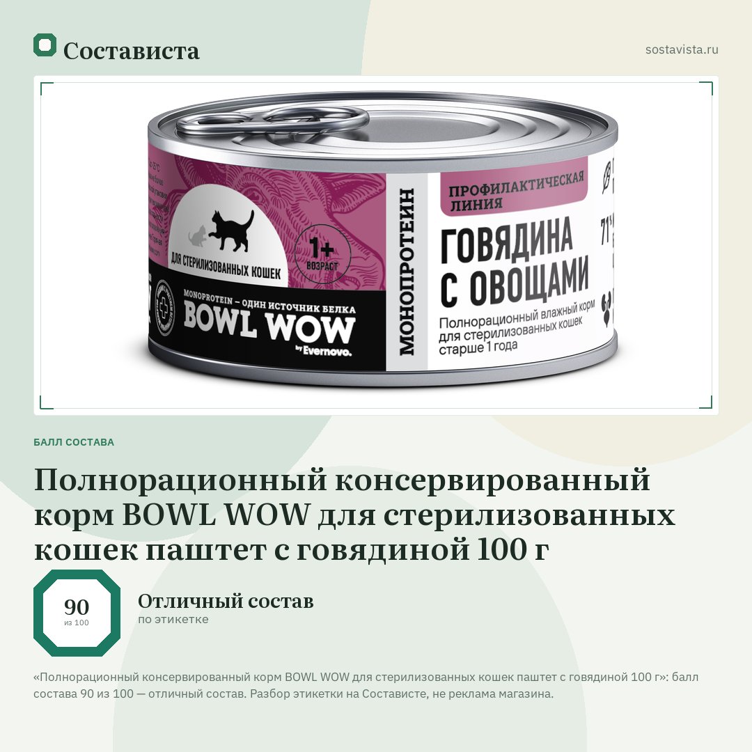 Полнорационный консервированный корм BOWL WOW для стерилизованных кошек паштет с говядиной 100 г: балл состава 90 из 100 — Состависта