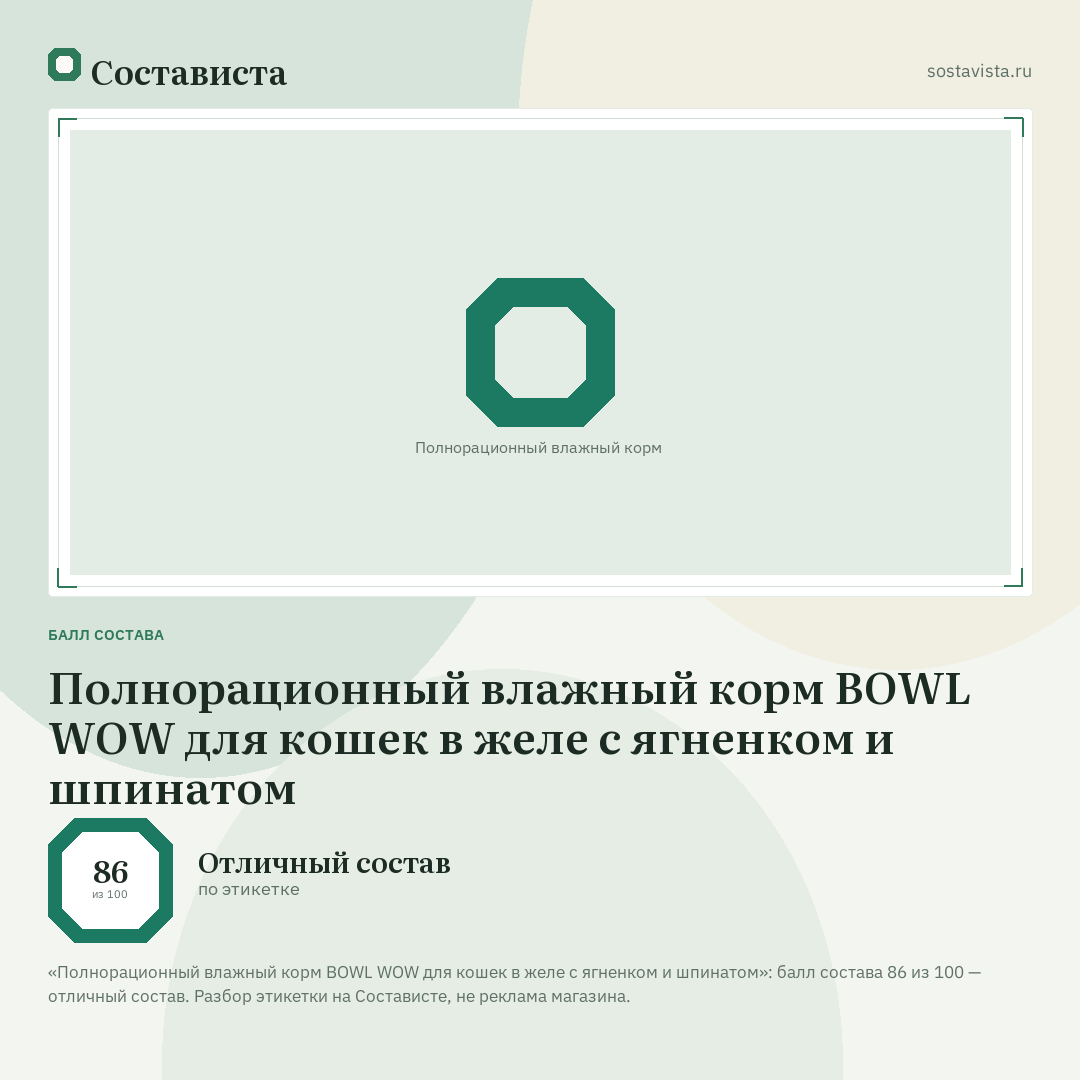 Полнорационный влажный корм BOWL WOW для кошек в желе с ягненком и шпинатом: балл состава 86 из 100 — Состависта