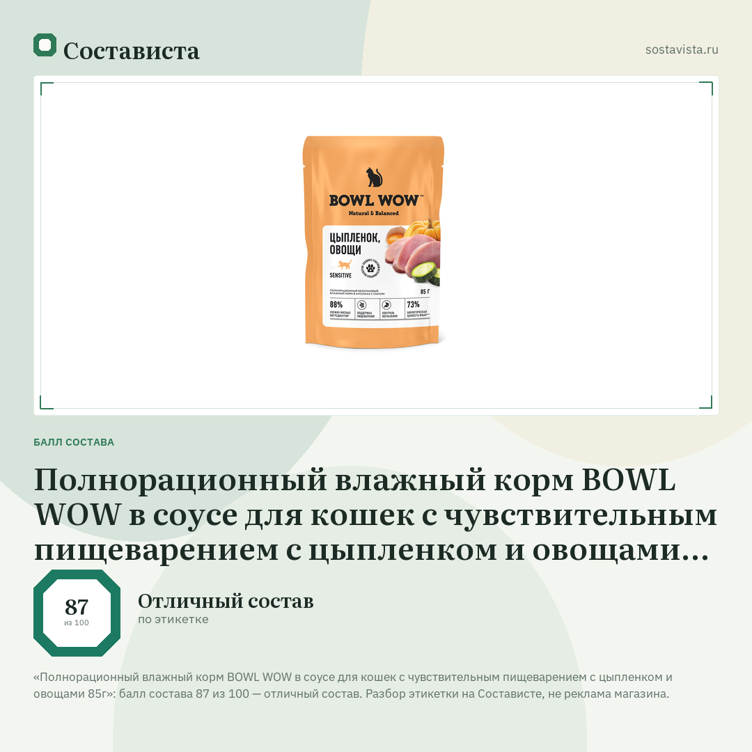 Полнорационный влажный корм BOWL WOW в соусе для кошек с чувствительным пищеварением с цыпленком и овощами 85г: балл состава 87 из 100 — Состависта