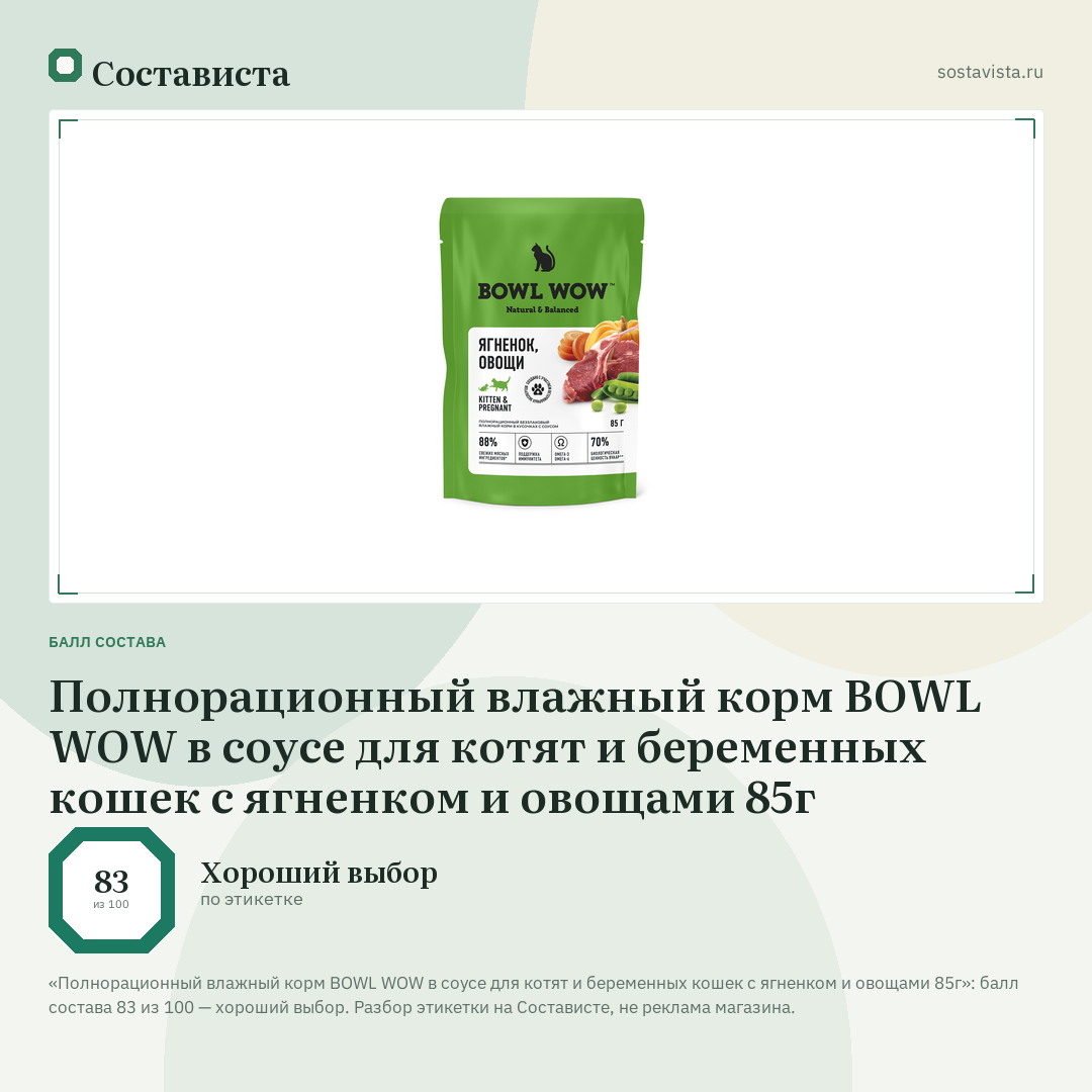Полнорационный влажный корм BOWL WOW в соусе для котят и беременных кошек с ягненком и овощами 85г: балл состава 83 из 100 — Состависта