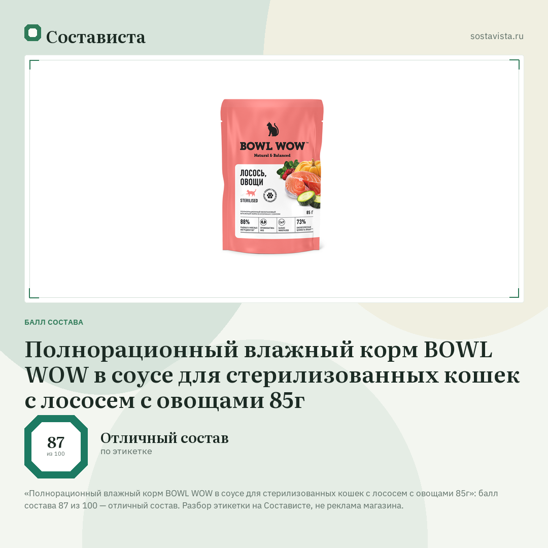 Полнорационный влажный корм BOWL WOW в соусе для стерилизованных кошек с лососем с овощами 85г: балл состава 87 из 100 — Состависта