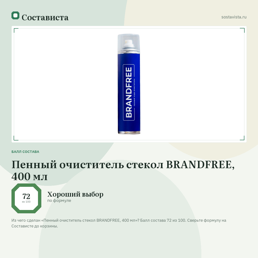 Пенный очиститель стекол BRANDFREE, 400 мл: балл состава 72 из 100 — Состависта