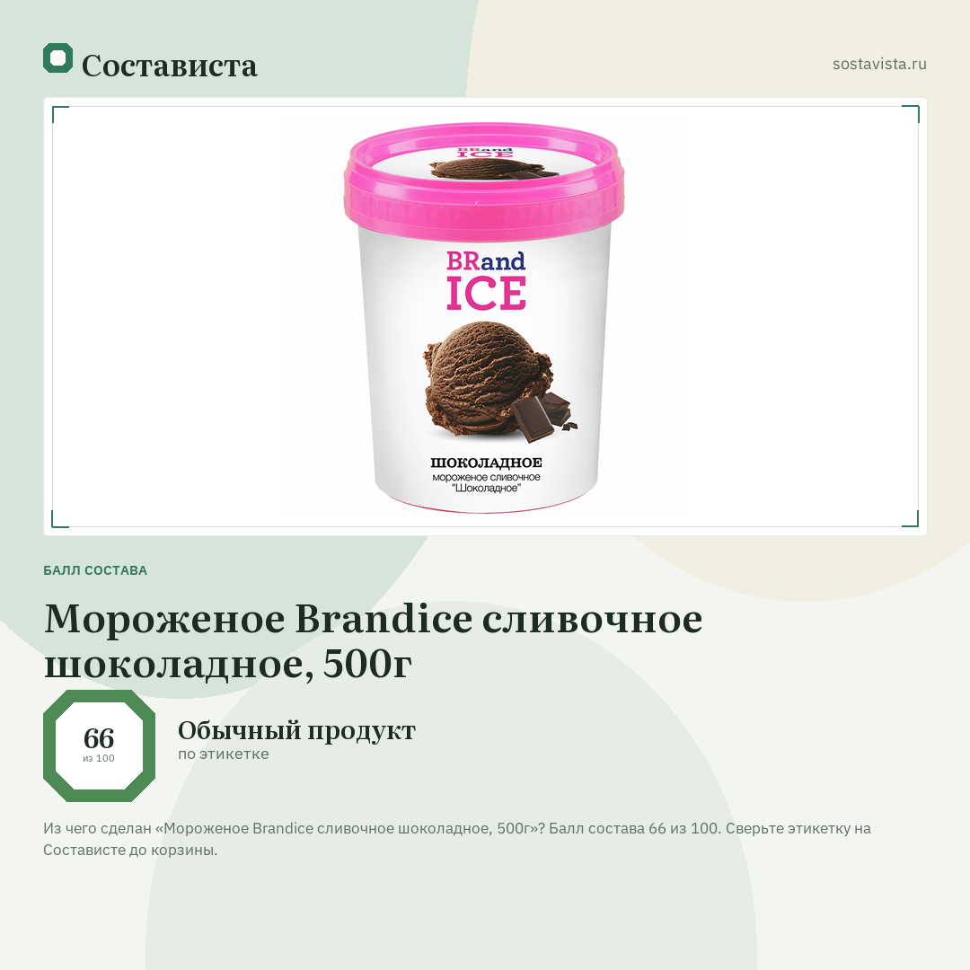 Мороженое Brandice сливочное шоколадное, 500г: балл состава 66 из 100 — Состависта