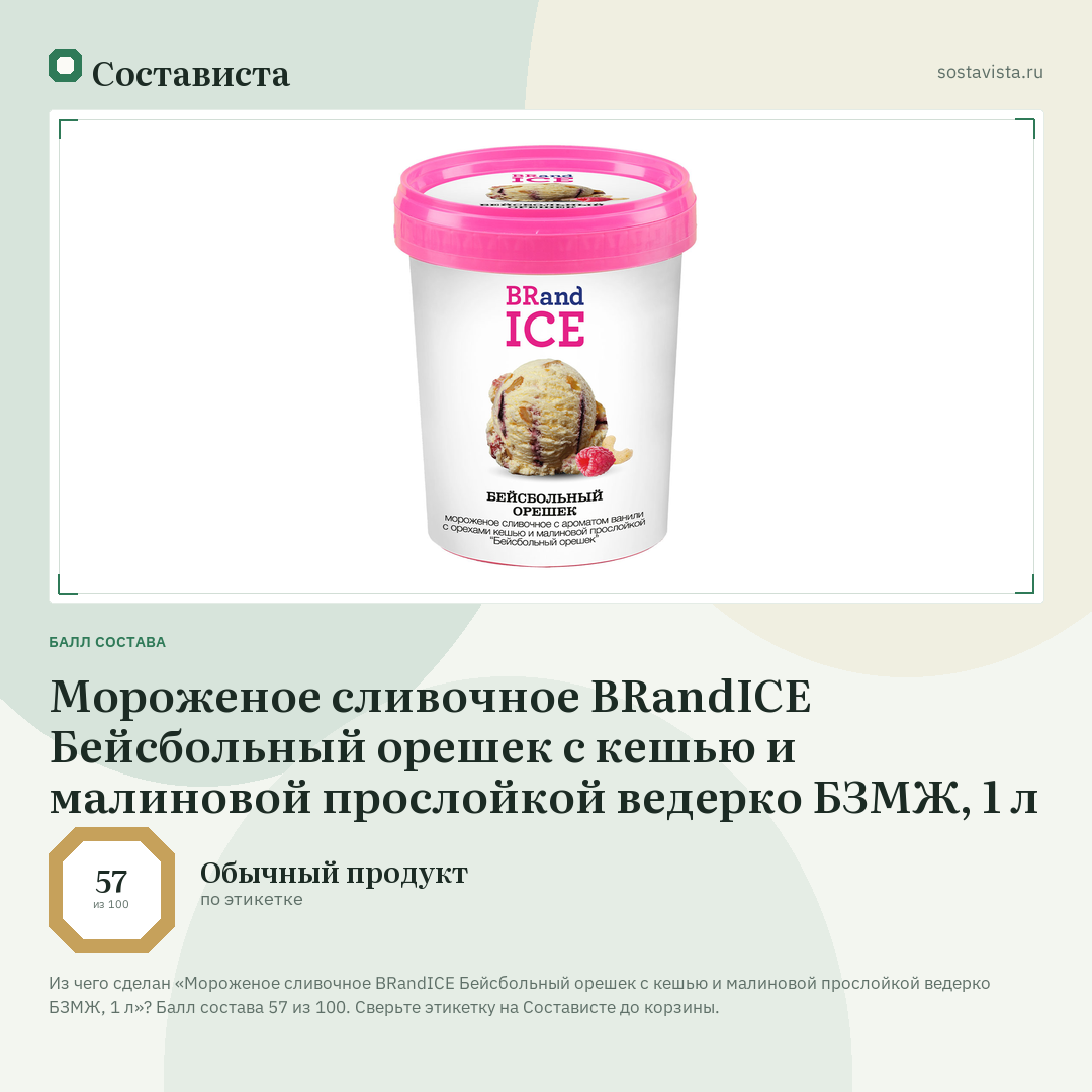 Мороженое сливочное BRandICE Бейсбольный орешек с кешью и малиновой прослойкой ведерко БЗМЖ, 1 л: балл состава 57 из 100 — Состависта