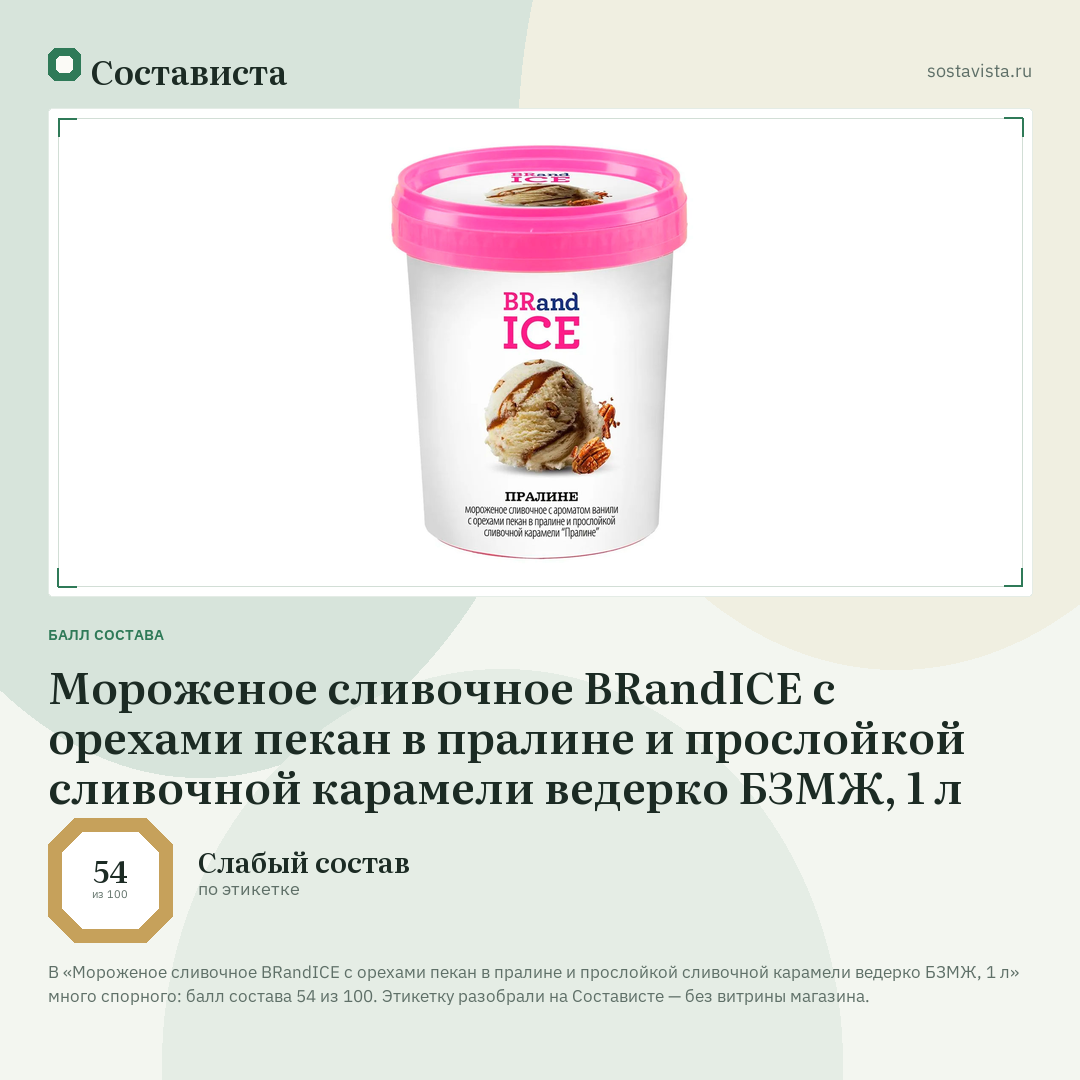 Мороженое сливочное BRandICE с орехами пекан в пралине и прослойкой сливочной карамели ведерко БЗМЖ, 1 л: балл состава 54 из 100 — Состависта