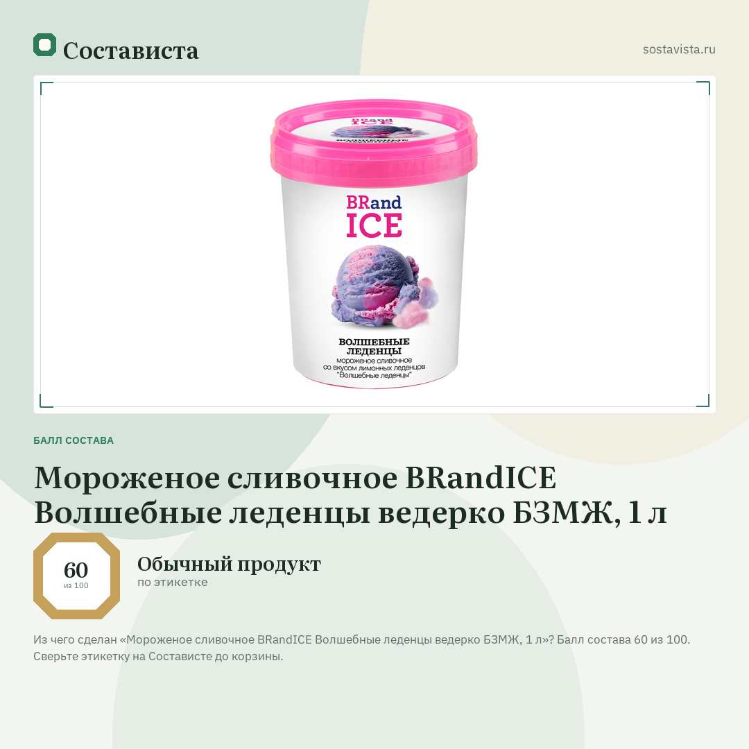 Мороженое сливочное BRandICE Волшебные леденцы ведерко БЗМЖ, 1 л: балл состава 60 из 100 — Состависта