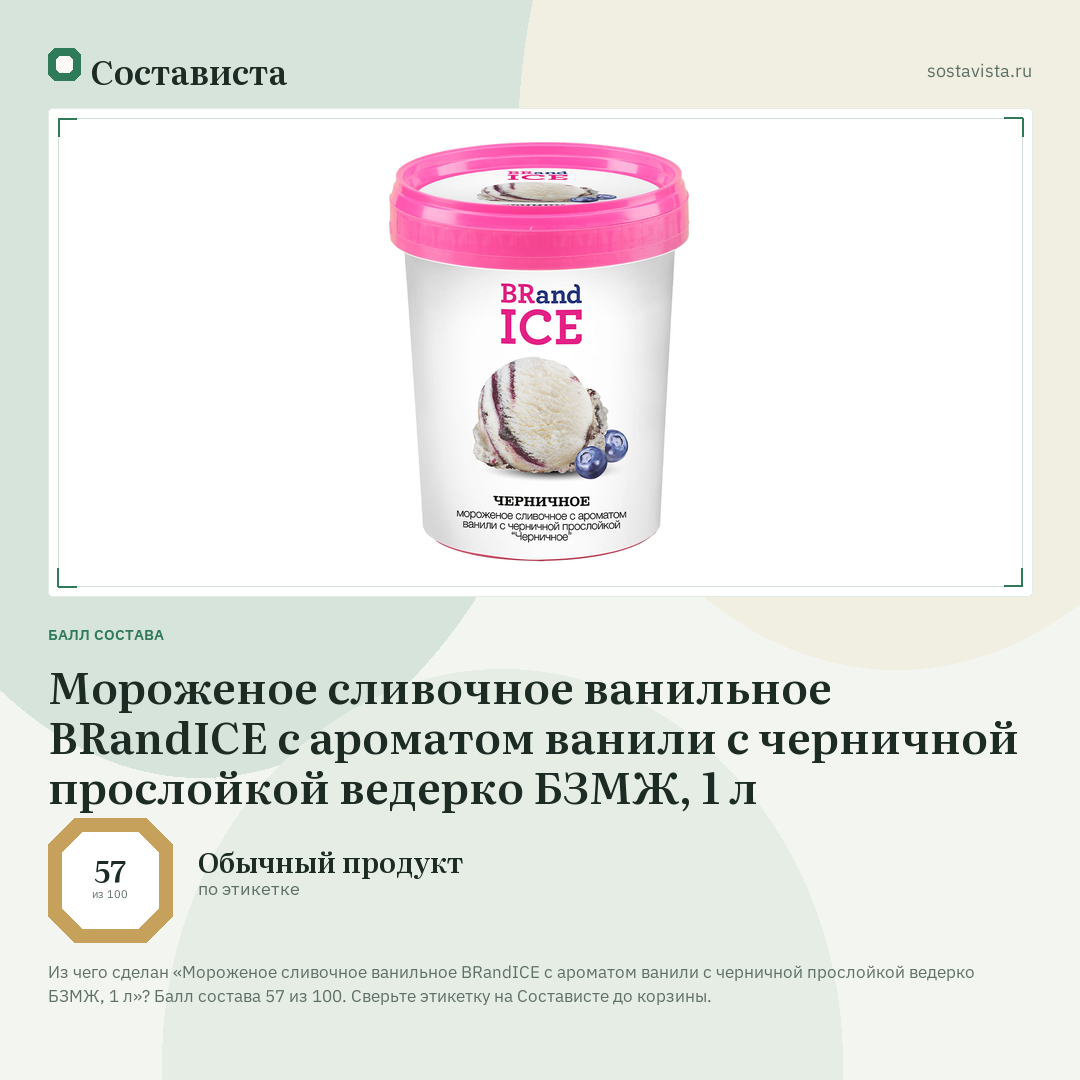 Мороженое сливочное ванильное BRandICE с ароматом ванили с черничной прослойкой ведерко БЗМЖ, 1 л: балл состава 57 из 100 — Состависта