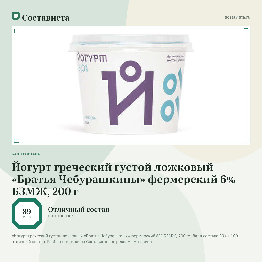 Йогурт греческий густой ложковый «Братья Чебурашкины» фермерский 6% БЗМЖ, 200 г: балл состава 89 из 100 — Состависта