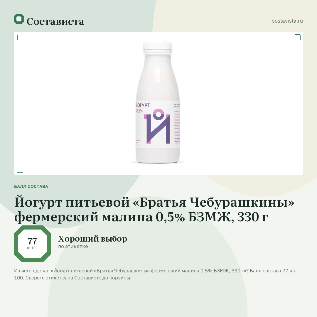 Йогурт питьевой «Братья Чебурашкины» фермерский малина 0,5% БЗМЖ, 330 г: балл состава 77 из 100 — Состависта