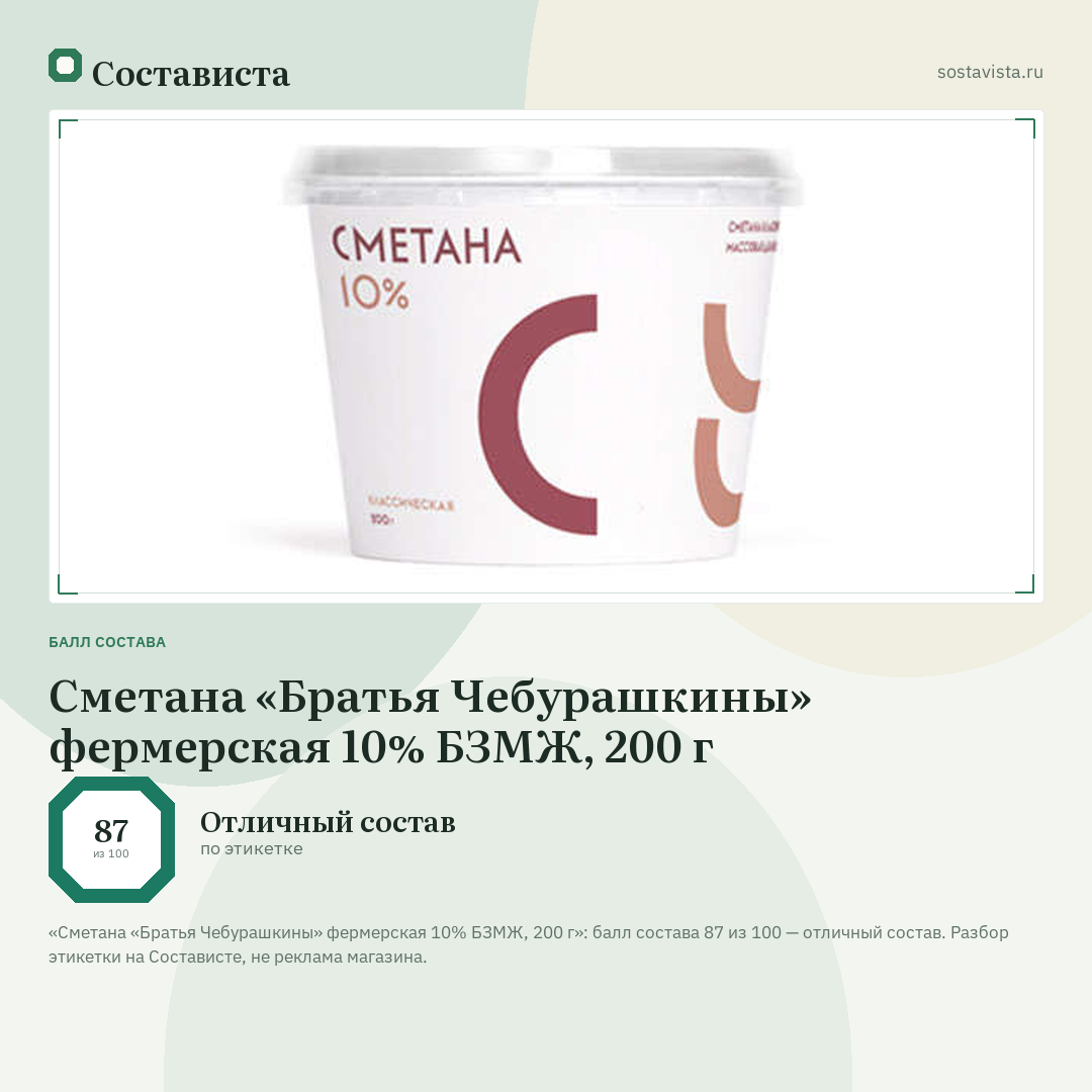 Сметана «Братья Чебурашкины» фермерская 10% БЗМЖ, 200 г: балл состава 87 из 100 — Состависта