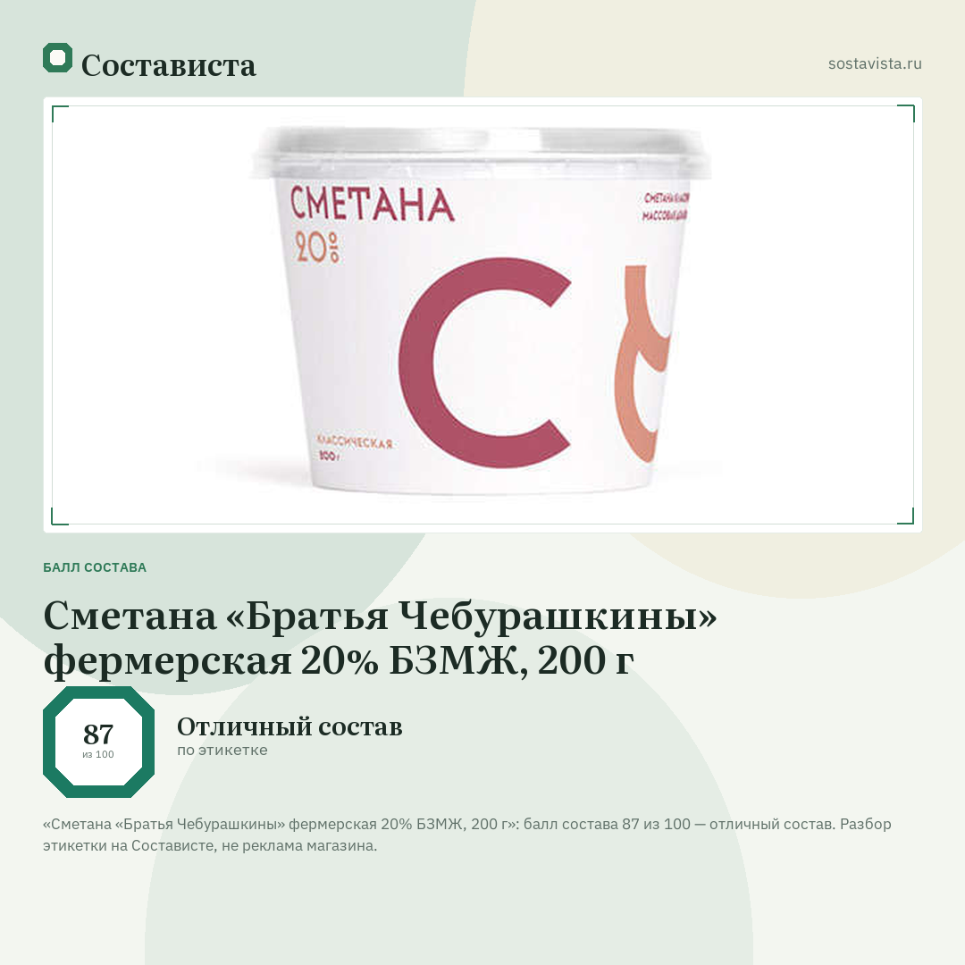 Сметана «Братья Чебурашкины» фермерская 20% БЗМЖ, 200 г: балл состава 87 из 100 — Состависта