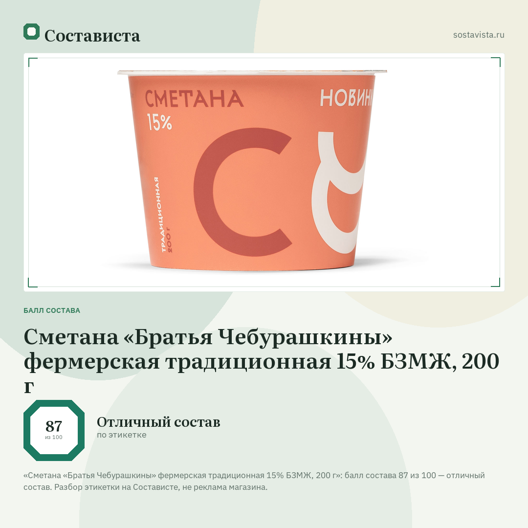 Сметана «Братья Чебурашкины» фермерская традиционная 15% БЗМЖ, 200 г: балл состава 87 из 100 — Состависта