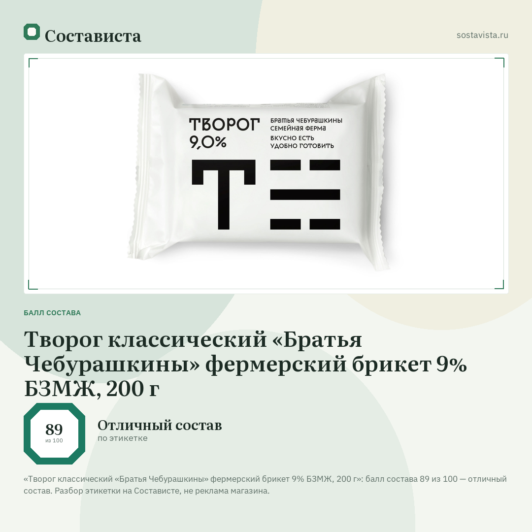 Творог классический «Братья Чебурашкины» фермерский брикет 9% БЗМЖ, 200 г: балл состава 89 из 100 — Состависта