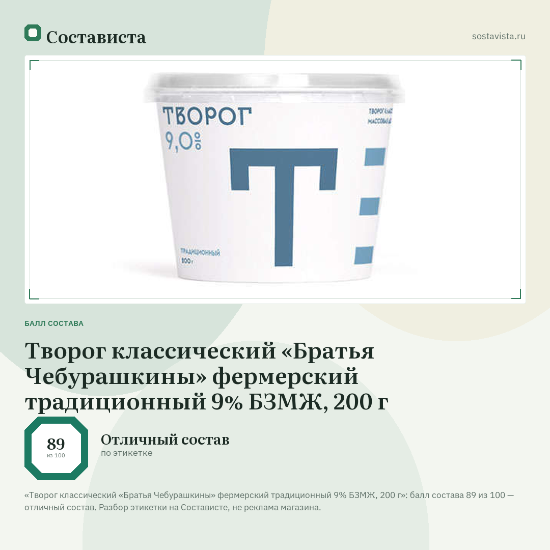 Творог классический «Братья Чебурашкины» фермерский традиционный 9% БЗМЖ, 200 г: балл состава 89 из 100 — Состависта