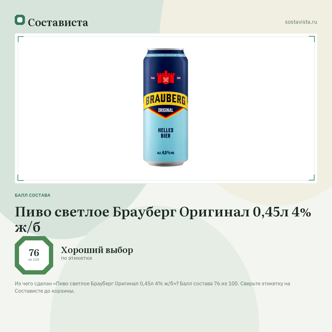 Пиво светлое Брауберг Оригинал 0,45л 4% ж/б: балл состава 76 из 100 — Состависта