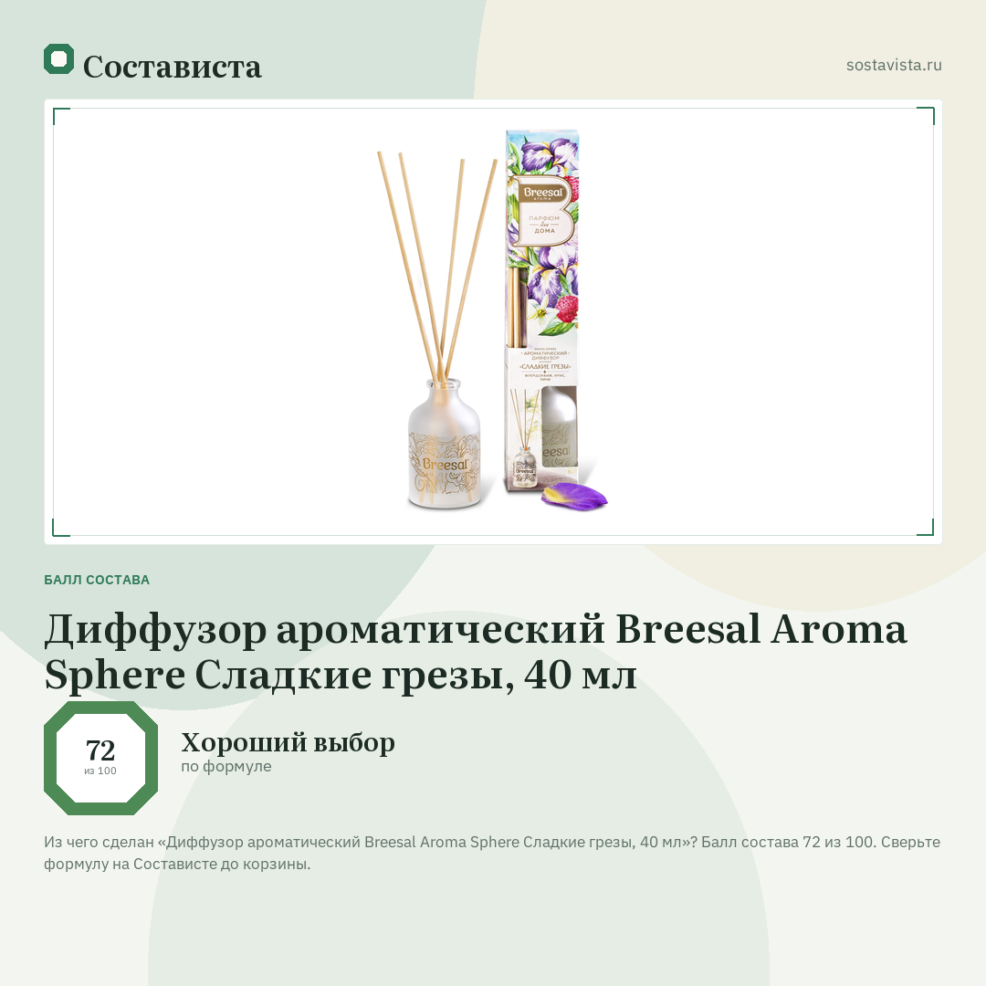 Диффузор ароматический Breesal Aromа Sphere Сладкие грезы, 40 мл: балл состава 72 из 100 — Состависта