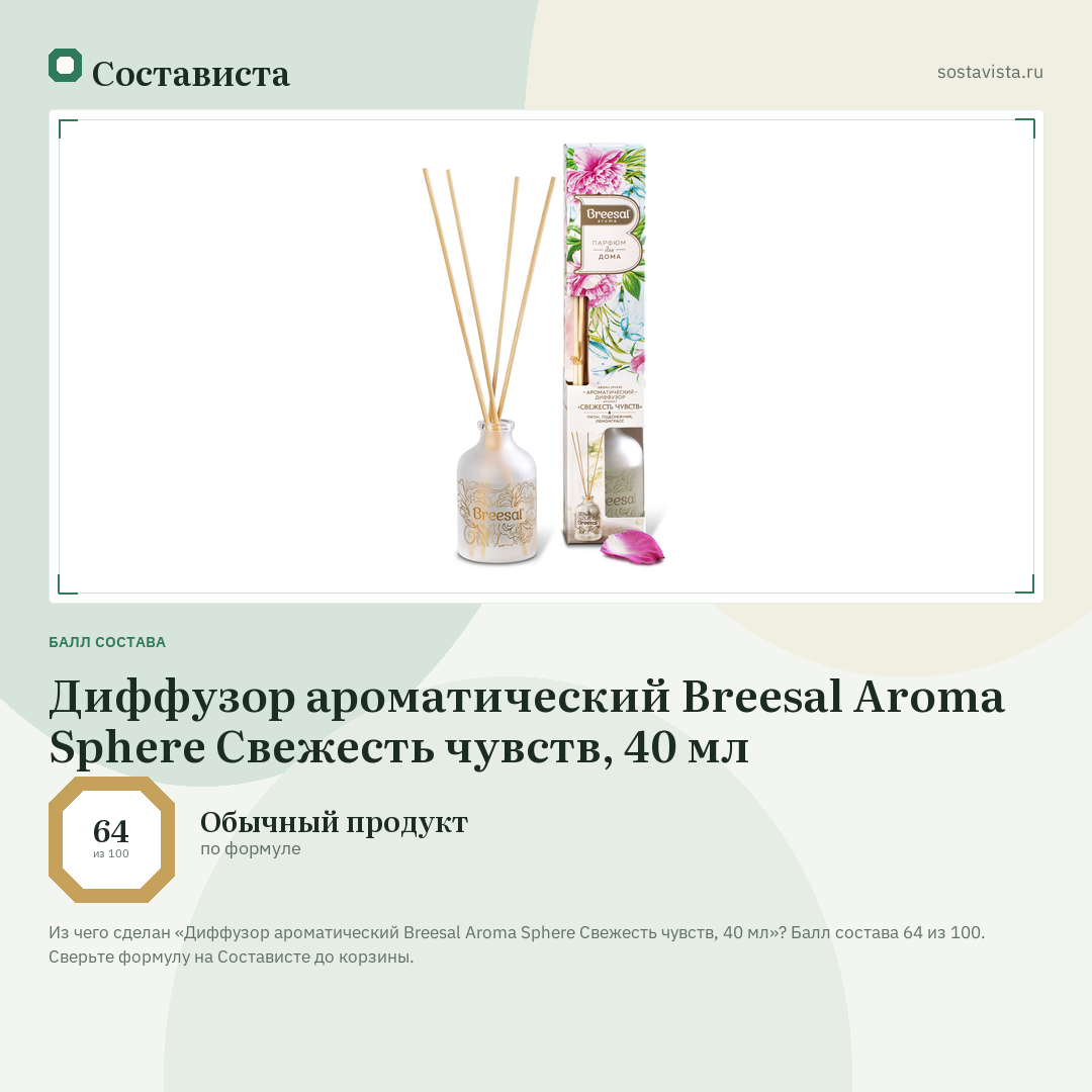 Диффузор ароматический Breesal Aromа Sphere Свежесть чувств, 40 мл: балл состава 64 из 100 — Состависта