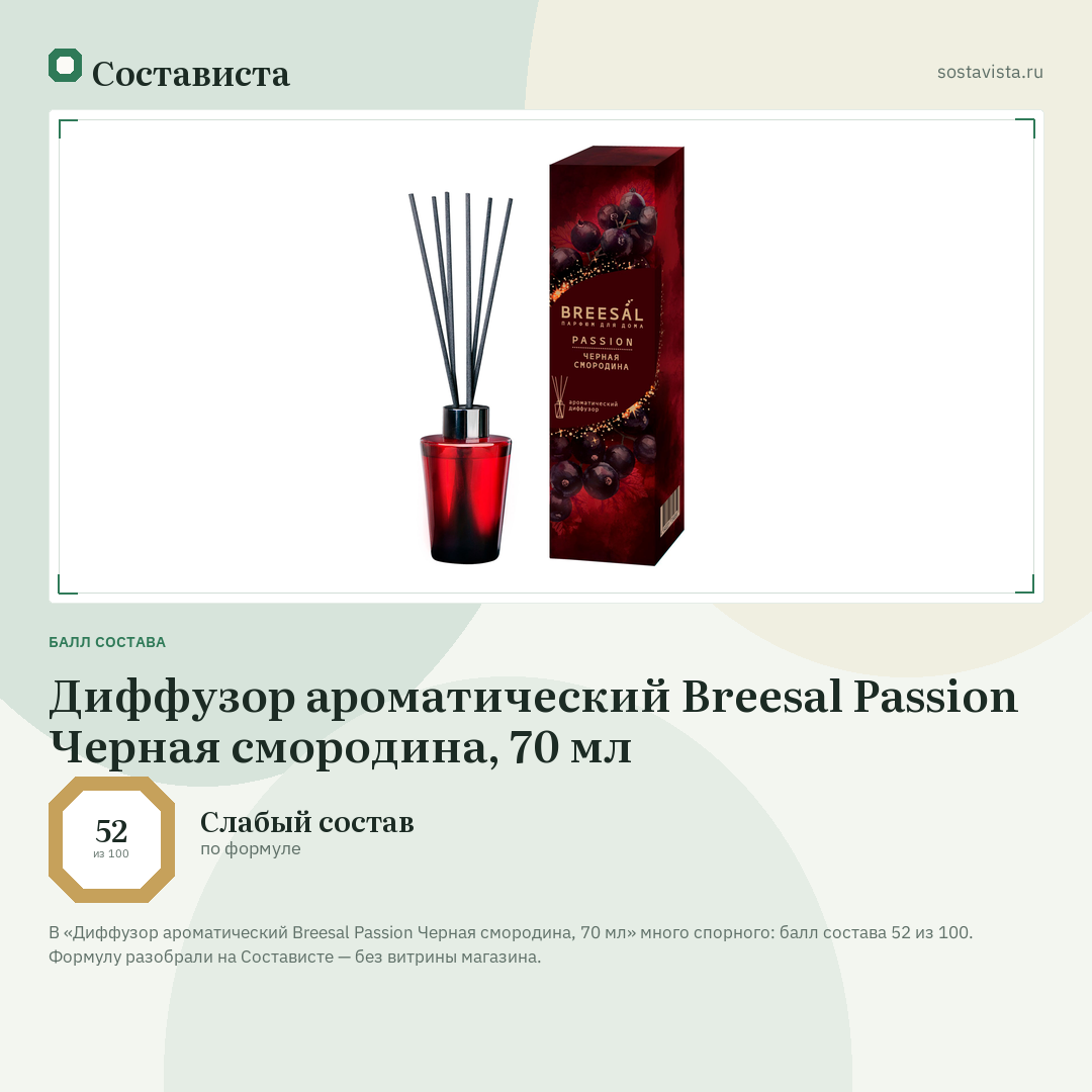 Диффузор ароматический Breesal Passion Черная смородина, 70 мл: балл состава 52 из 100 — Состависта