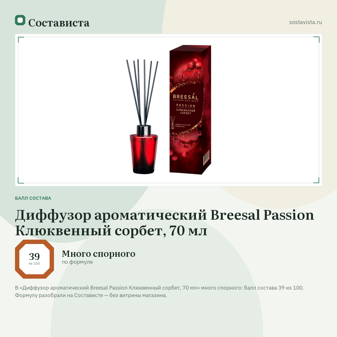 Диффузор ароматический Breesal Passion Клюквенный сорбет, 70 мл: балл состава 39 из 100 — Состависта