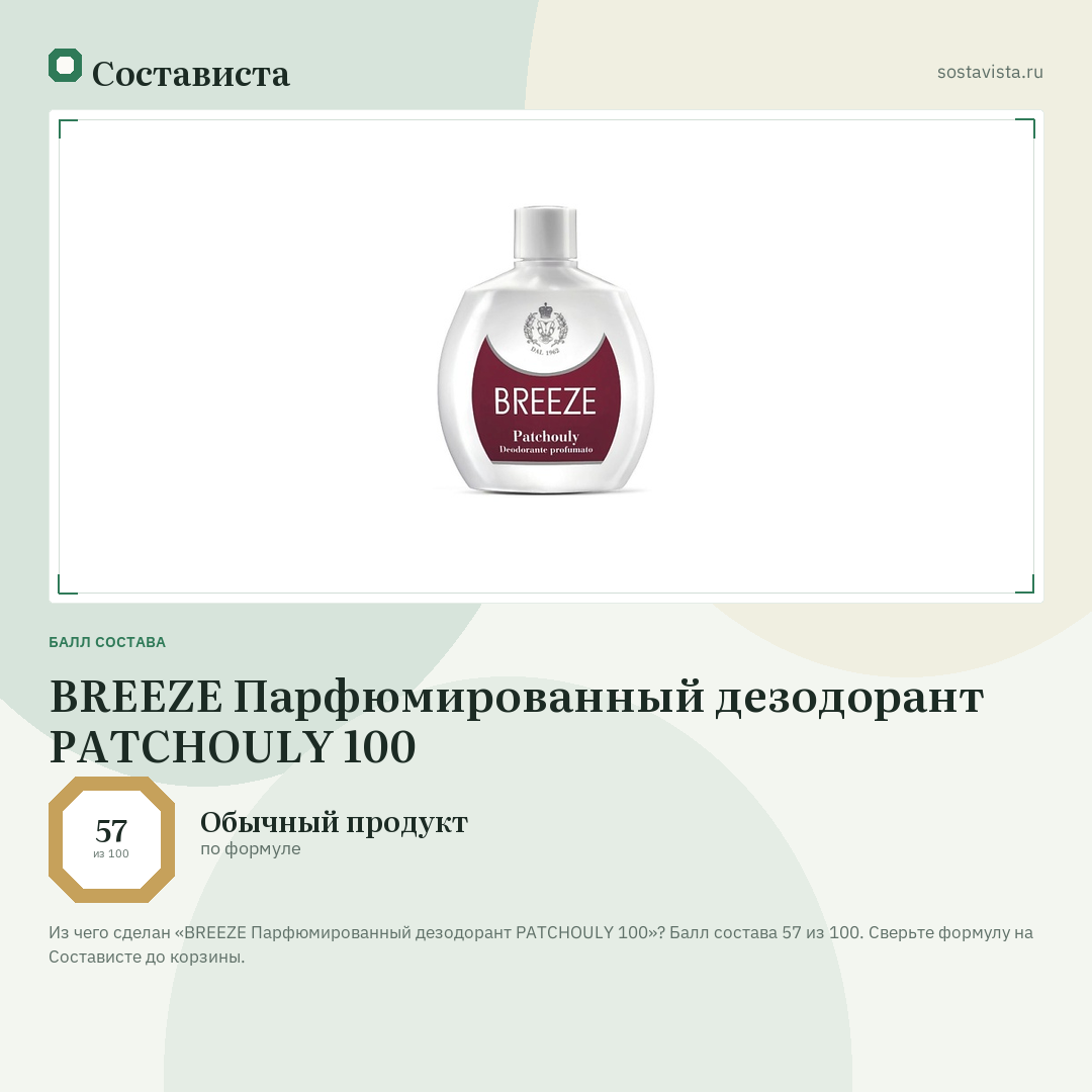 BREEZE Парфюмированный дезодорант PATCHOULY 100: балл состава 57 из 100 — Состависта
