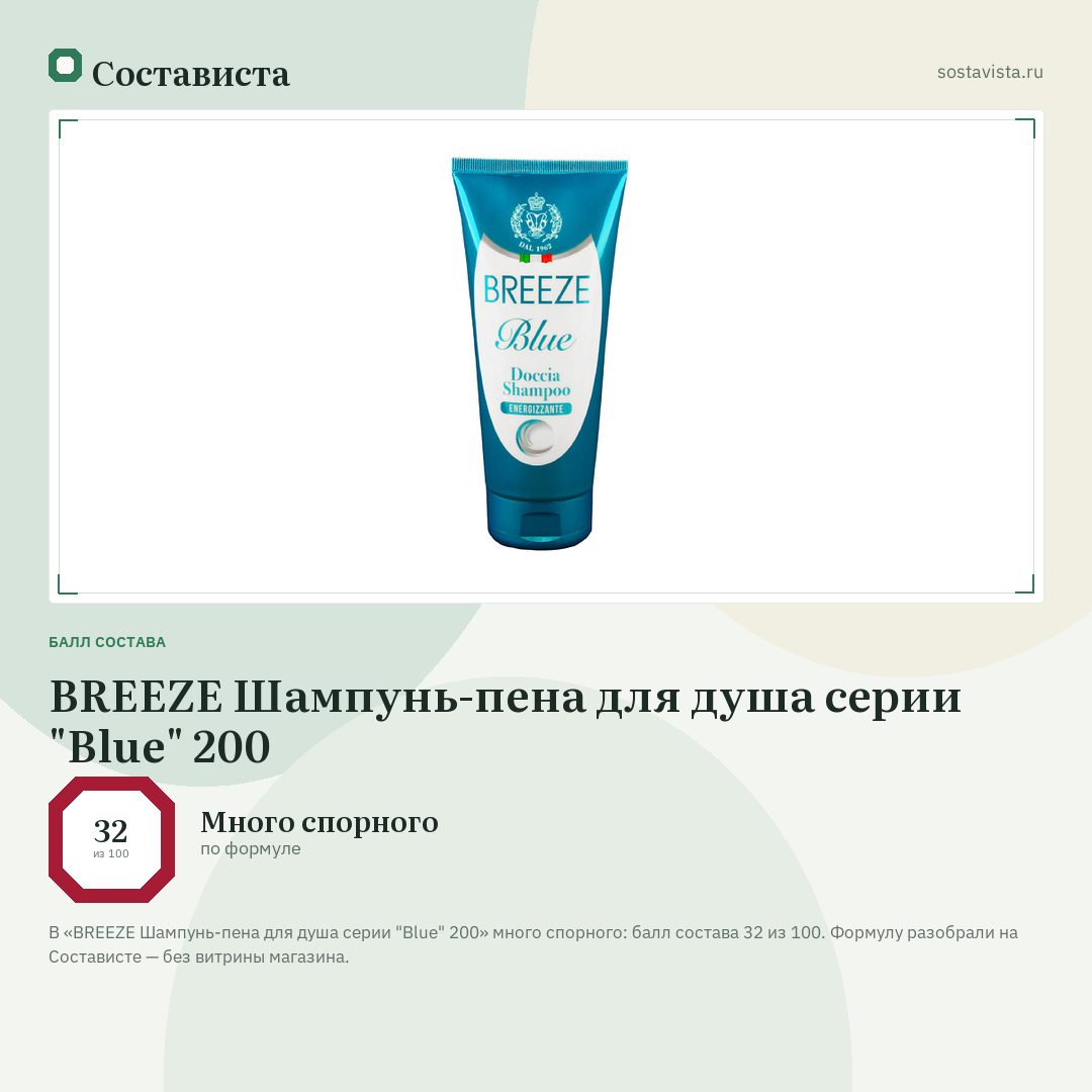 BREEZE Шампунь-пена для душа серии "Blue" 200: балл состава 32 из 100 — Состависта