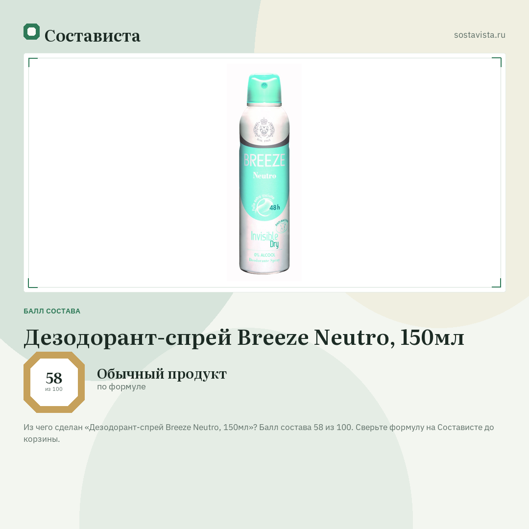 Дезодорант-спрей Breeze Neutro, 150мл: балл состава 58 из 100 — Состависта