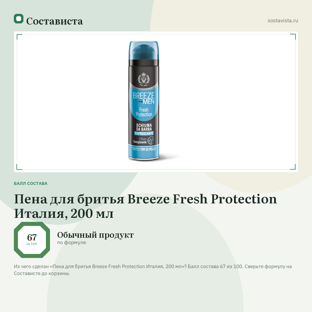 Пена для бритья Breeze Fresh Protection Италия, 200 мл: балл состава 67 из 100 — Состависта