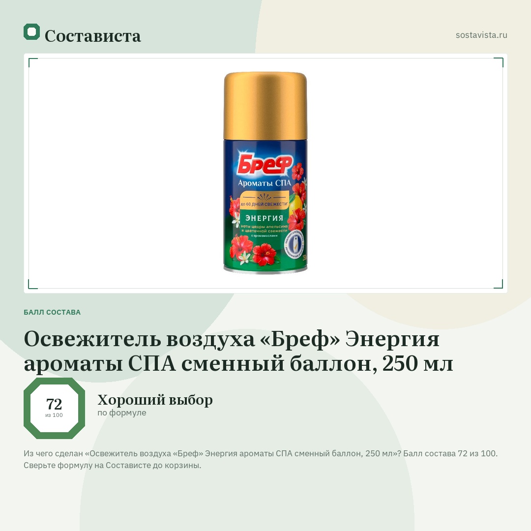 Освежитель воздуха «Бреф» Энергия ароматы СПА сменный баллон, 250 мл: балл состава 72 из 100 — Состависта
