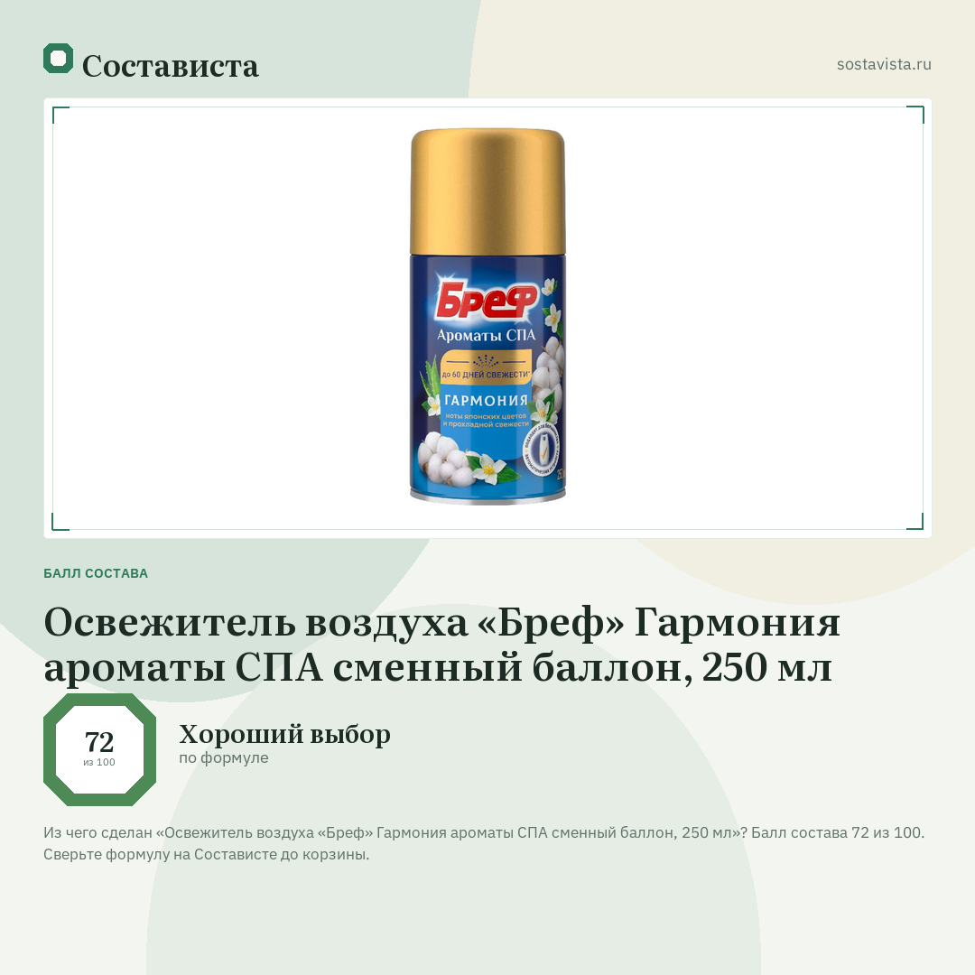 Освежитель воздуха «Бреф» Гармония ароматы СПА сменный баллон, 250 мл: балл состава 72 из 100 — Состависта