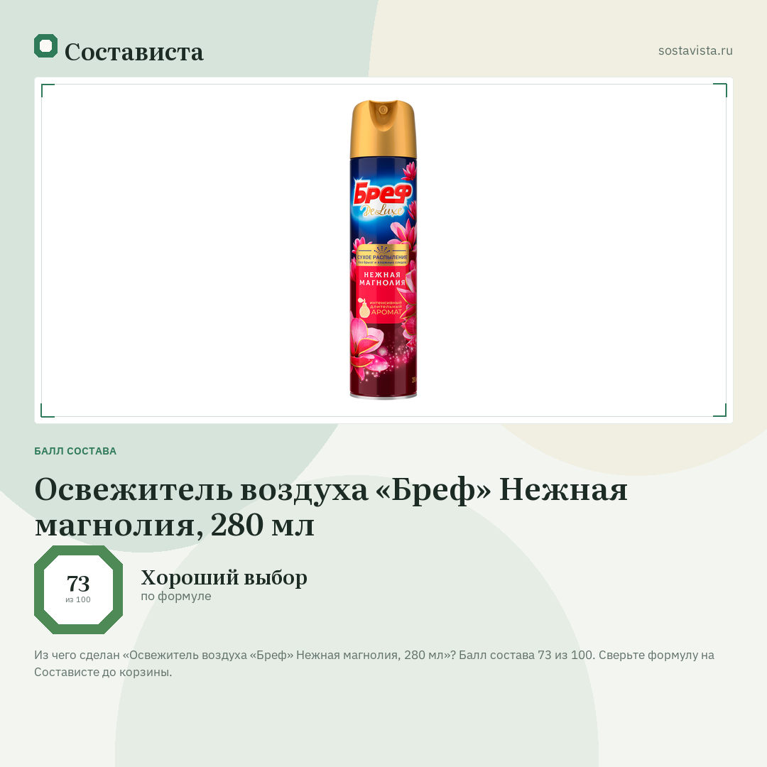 Освежитель воздуха «Бреф» Нежная магнолия, 280 мл: балл состава 73 из 100 — Состависта
