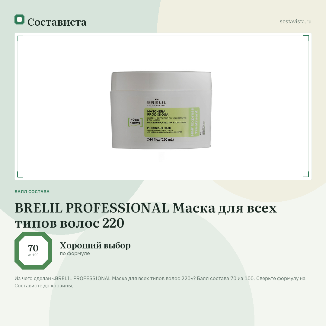 BRELIL PROFESSIONAL Маска для всех типов волос 220: балл состава 70 из 100 — Состависта