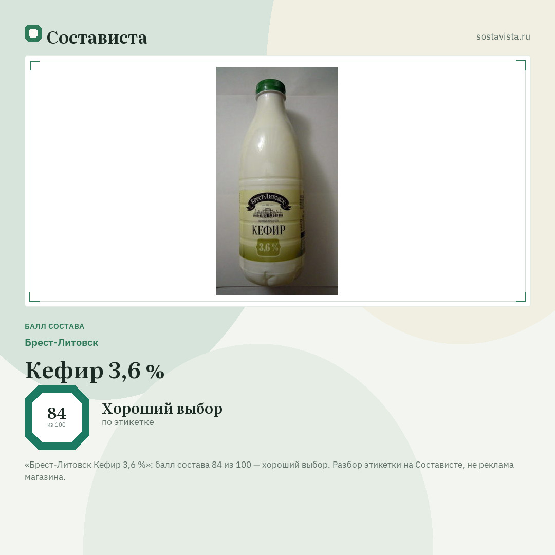 Брест-Литовск Кефир 3,6 %: балл состава 84 из 100 — Состависта
