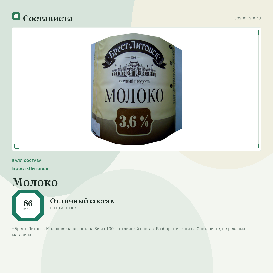 Брест-Литовск Молоко: балл состава 86 из 100 — Состависта