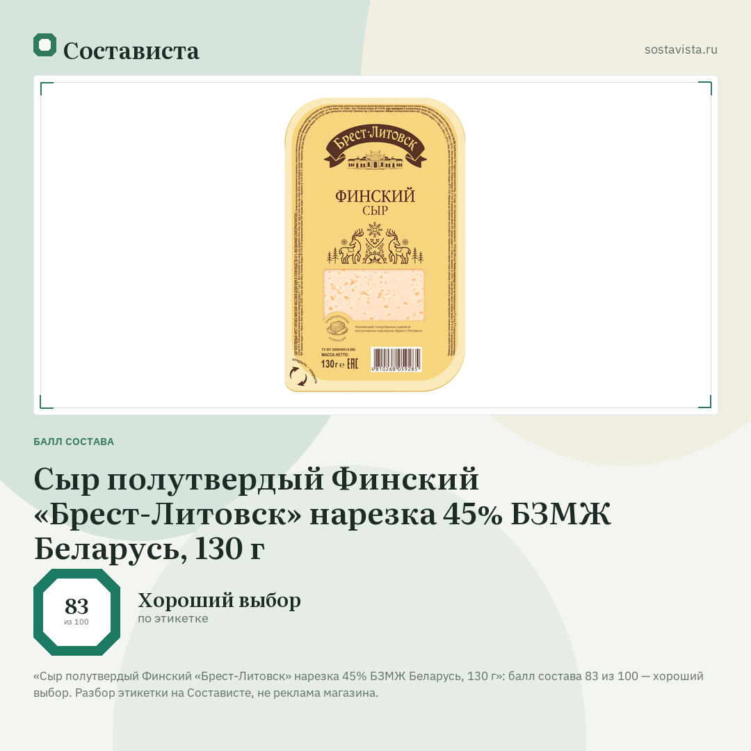 Сыр полутвердый Финский «Брест-Литовск» нарезка 45% БЗМЖ Беларусь, 130 г: балл состава 83 из 100 — Состависта