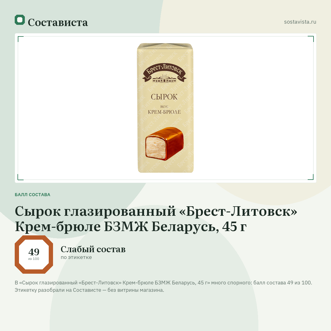 Сырок глазированный «Брест-Литовск» Крем-брюле БЗМЖ Беларусь, 45 г: балл состава 49 из 100 — Состависта