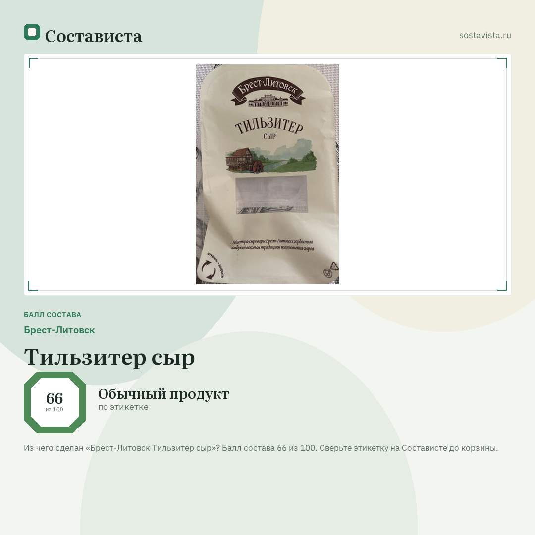 Брест-Литовск Тильзитер сыр: балл состава 66 из 100 — Состависта