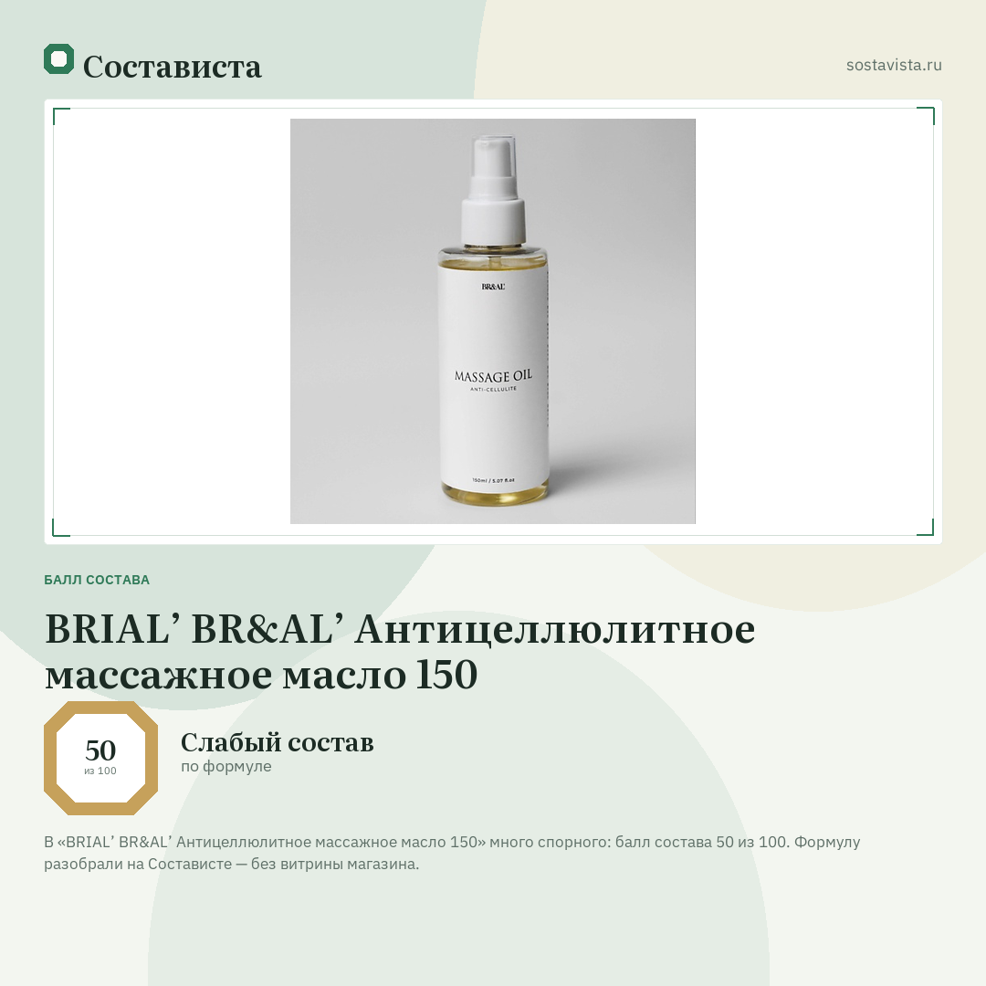 BRIAL’ BR&AL’ Антицеллюлитное массажное масло 150: балл состава 50 из 100 — Состависта