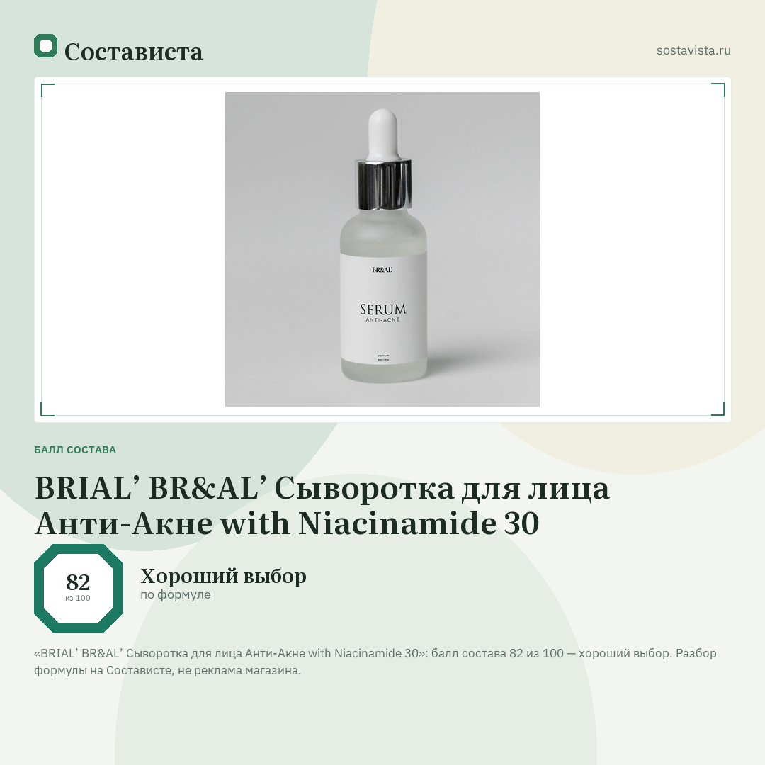 BRIAL’ BR&AL’ Сыворотка для лица Анти-Акне with Niacinamide 30: балл состава 82 из 100 — Состависта