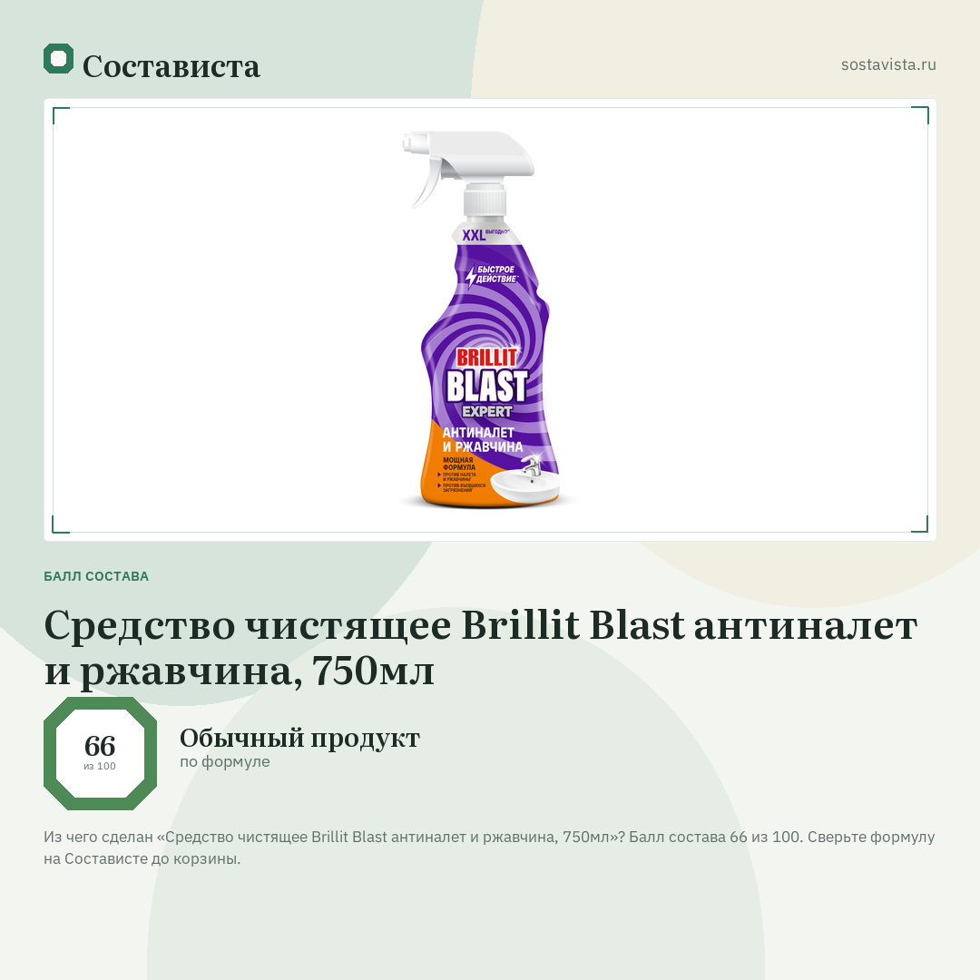 Средство чистящее Brillit Blast антиналет и ржавчина, 750мл: балл состава 66 из 100 — Состависта