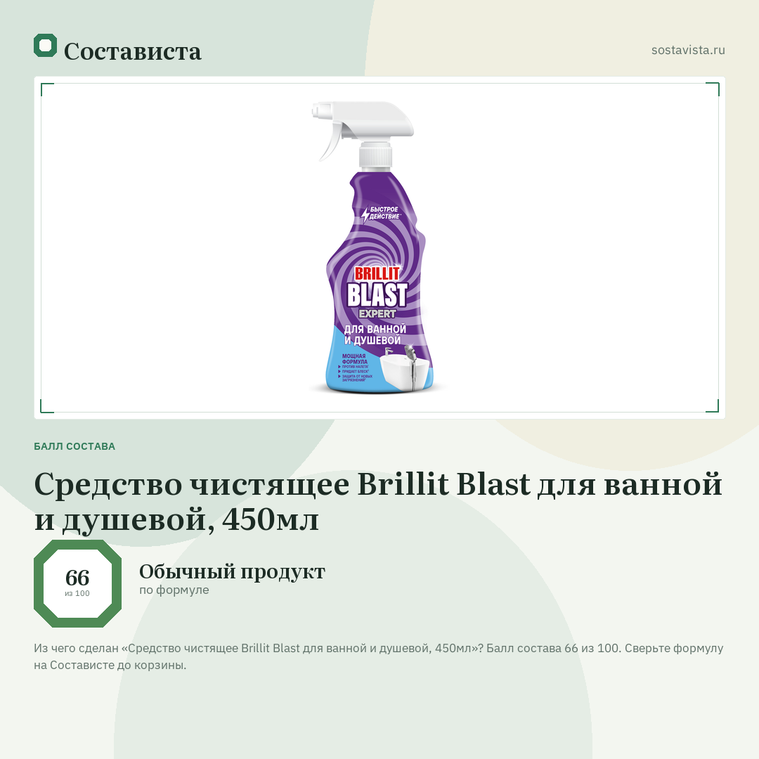 Средство чистящее Brillit Blast для ванной и душевой, 450мл: балл состава 66 из 100 — Состависта